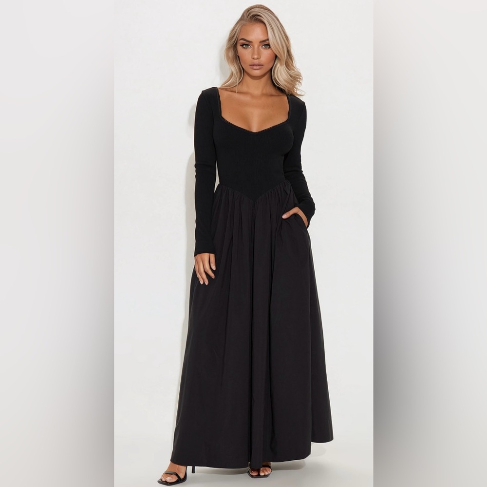 Fashion Nova Black Pleated Long Sleeve Sweetheart Dress